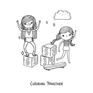 Coloring page of two girls playing