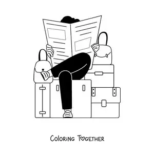 Coloring page of a traveler sitting on his luggage reading the newspaper