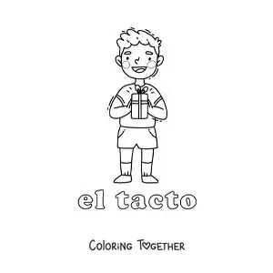 Coloring page of a boy touching a gift with his hands