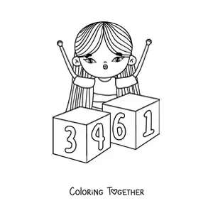 Coloring page of a girl playing with huge blocks