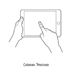 Coloring page of a pair of hands using a touchscreen tablet