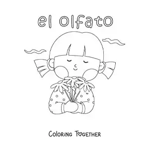 Coloring page of a cartoon girl smelling a flower
