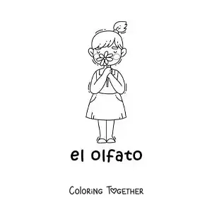 Coloring page of a girl using her sense of smell to smell a flower