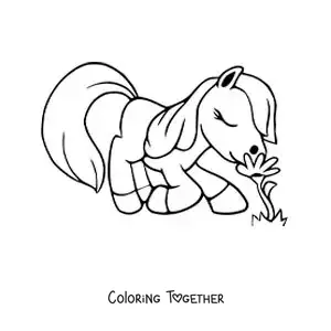 Coloring page of a cartoon pony smelling flowers
