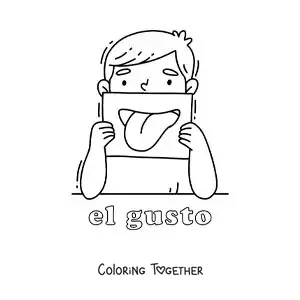 Coloring page of a child showing their mouth with the text "taste"