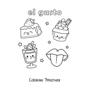 Coloring page of cartoon sweets and the tongue as part of the sense of taste