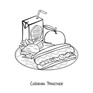 Coloring page of a lunch plate with an apple, sausage, fries, and orange juice