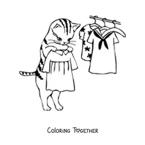 Coloring page of a cartoon cat holding a dress next to other dresses