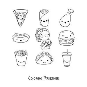 Coloring page of a girl with cartoon foods of different flavors