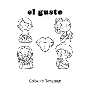 Coloring page of cartoon kids tasting foods of different flavors