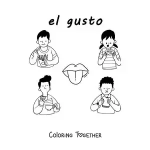 Coloring page of a tongue and kids eating foods with the text "taste"