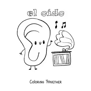 Coloring page of a cartoon of an animated ear listening to music