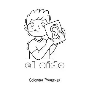 Coloring page of a child pointing to their ear with the text "hearing"
