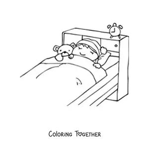 Coloring page of a girl sleeping in her bed