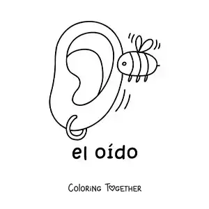 Coloring page of a bee buzzing in front of an ear