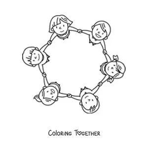 Coloring page of several girls and boys holding hands in a circle