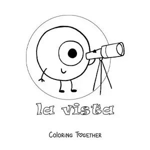 Coloring page of a cartoon eye looking through a telescope