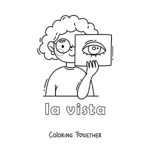 Coloring page of a girl pointing to her eye with the text "sight"