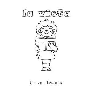 Coloring page of a girl with glasses reading a book