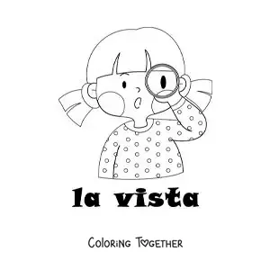 Coloring page of a girl looking through a magnifying glass