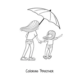 Coloring page of a mother and her daughter together sharing a parasol