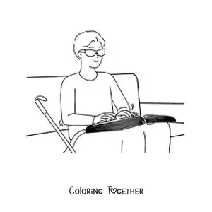 Coloring page of a blind person reading braille