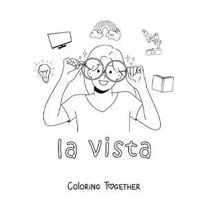 Coloring page of a girl with glasses and symbols of sight