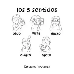 Coloring page of cartoon kids with the 5 senses