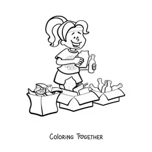 Coloring page of a girl recycling