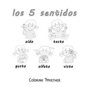 Coloring page of a girl showing the 5 senses