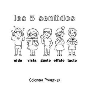 Coloring page of kids using the 5 senses