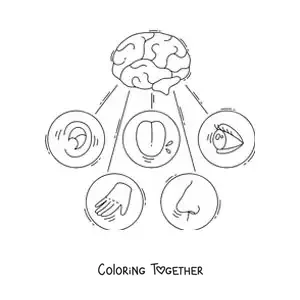 Coloring page of the five senses and the human brain