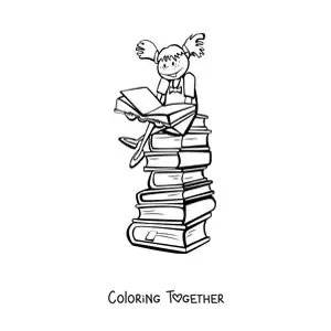 Coloring page of a girl reading while sitting on a stack of books