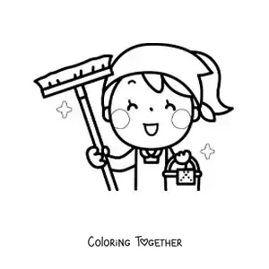 Coloring page of a cartoon mom with cleaning supplies