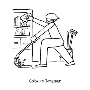 Coloring page of a person cleaning and mopping at home