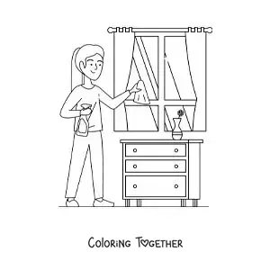 Coloring page of a young girl cleaning the windows of her house