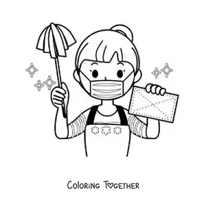 Coloring page of a cartoon woman cleaning