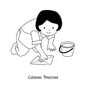 Coloring page of a housewife cleaning the floor