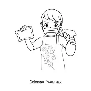 Coloring page of a mom with household cleaning supplies