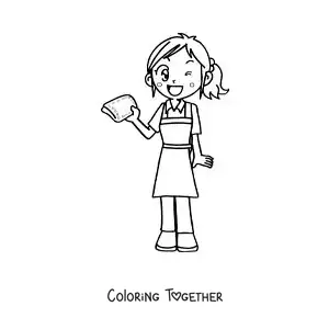 Coloring page of a cartoon girl cleaning