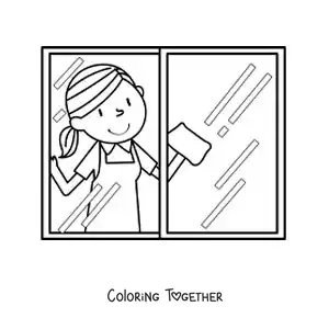 Coloring page of a woman cleaning the windows