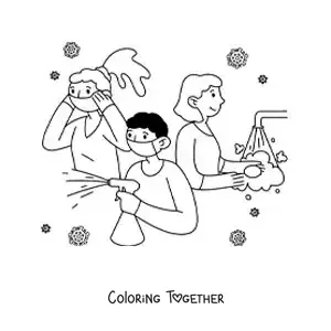 Coloring page of 3 people cleaning and disinfecting with the coronavirus in the background