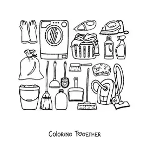 Coloring page of household cleaning objects and supplies