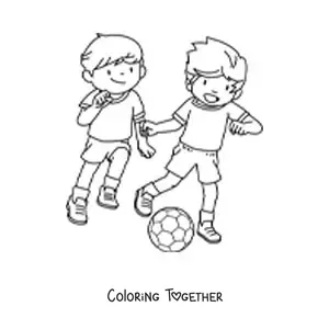 Coloring page of two children playing soccer