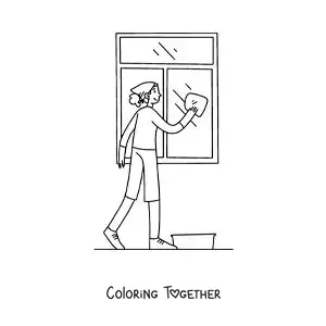 Coloring page of a girl cleaning the windows of her house