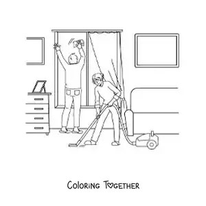Coloring page of a couple cleaning their house