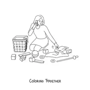 Coloring page of a mom picking up her child's toys