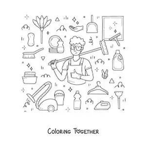 Coloring page of a man with household cleaning supplies