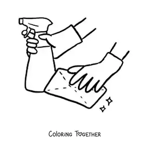 Coloring page of a pair of gloved hands cleaning