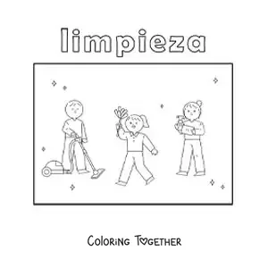 Coloring page of 3 kids helping with the household chores